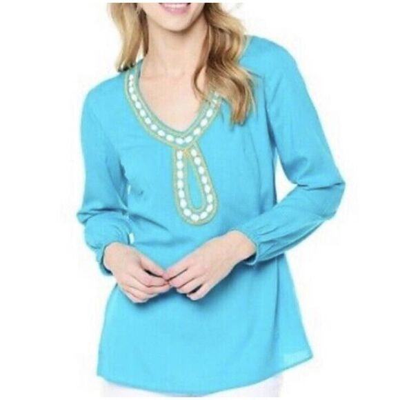 Lilly Pulitzer Tops - Lilly Pulitzer Violet Tunic Top in Deep Cyan Blue Size S Gold Beaded Embellished